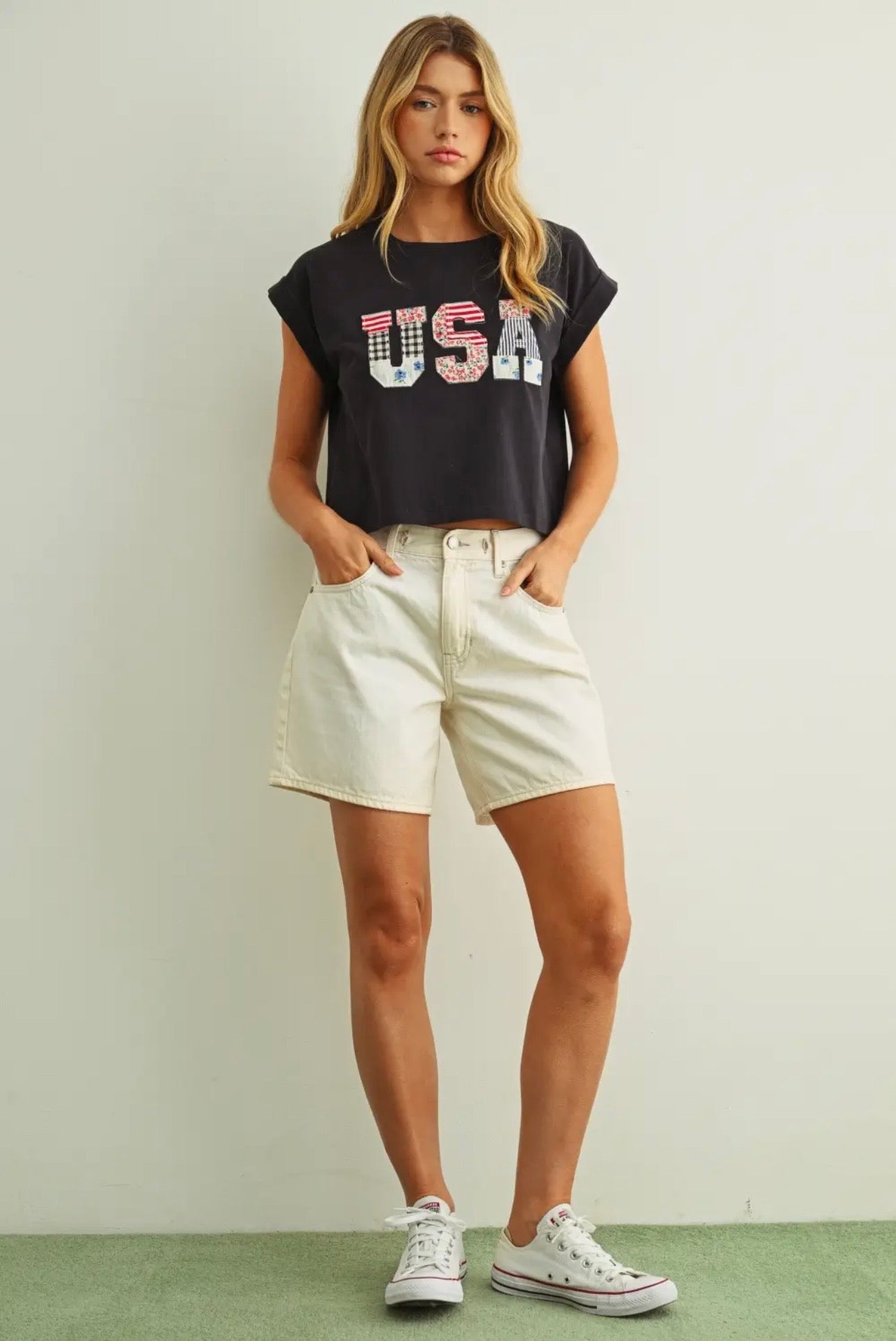 USA Floral Patchwork Tee - Navy Blue