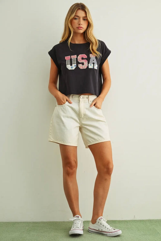 USA Floral Patchwork Tee - Navy Blue