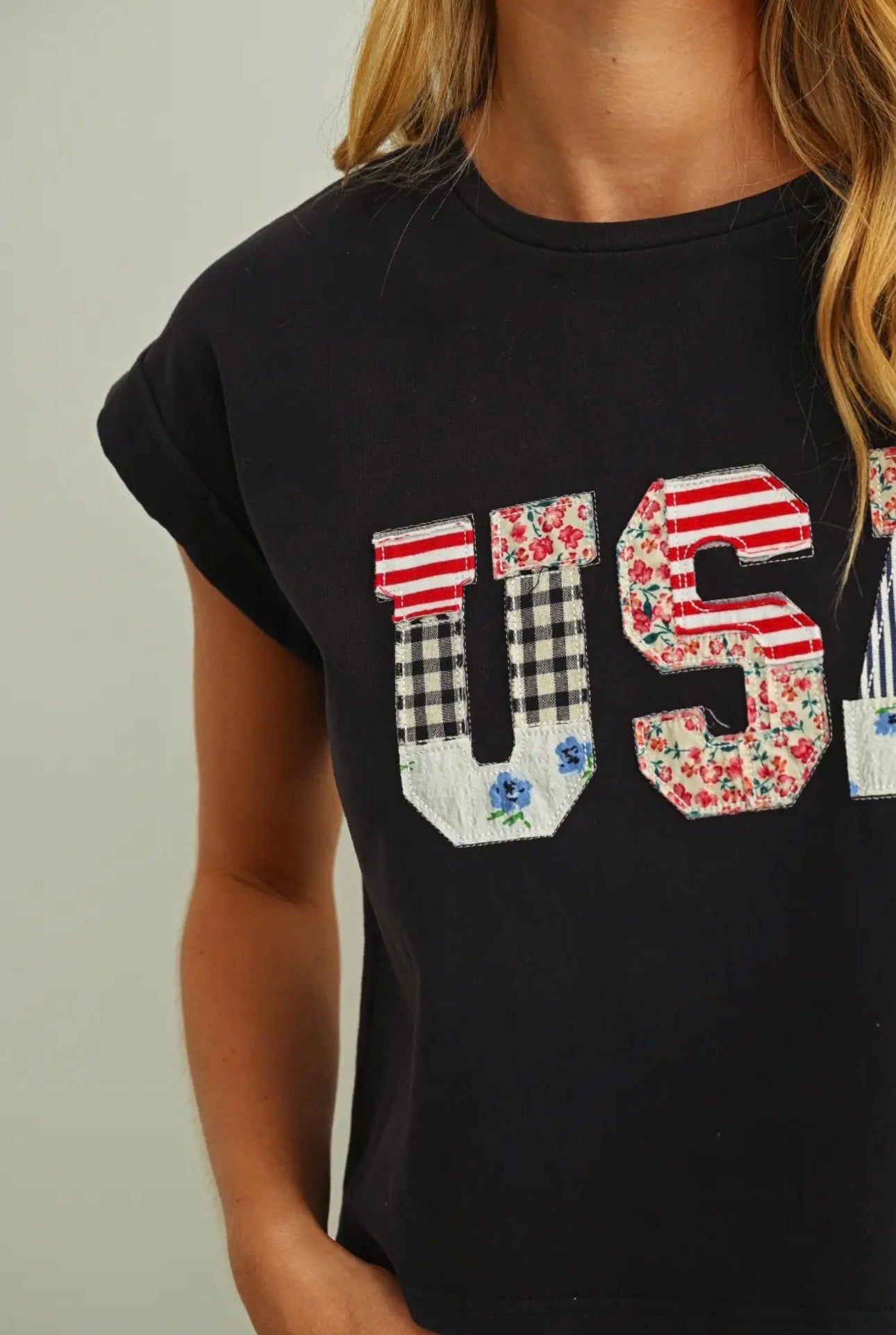 USA Floral Patchwork Tee - Navy Blue