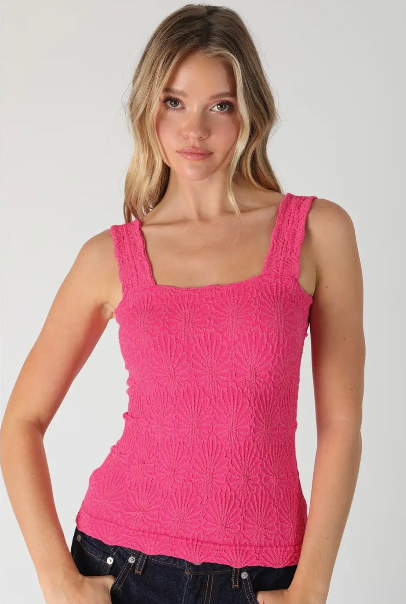 Lace Textured Square Tank - Aloha Fuchsia