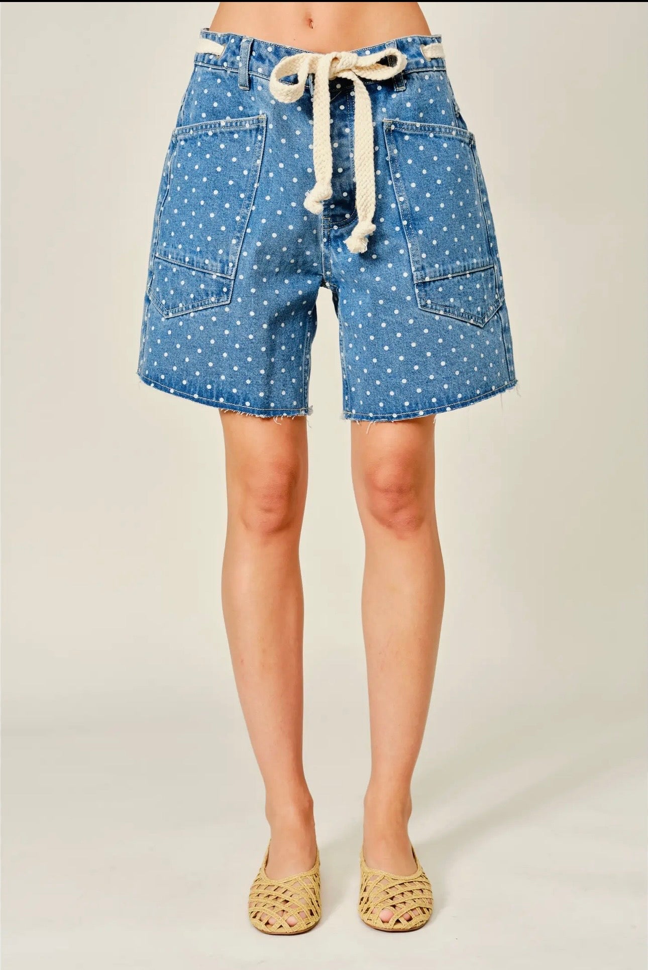 Polka Dot Denim Barrel Shorts