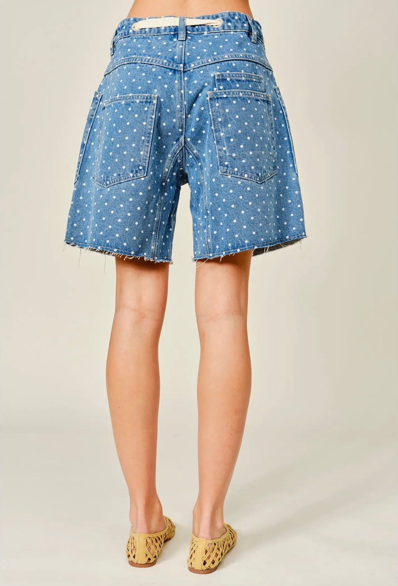 Polka Dot Denim Barrel Shorts