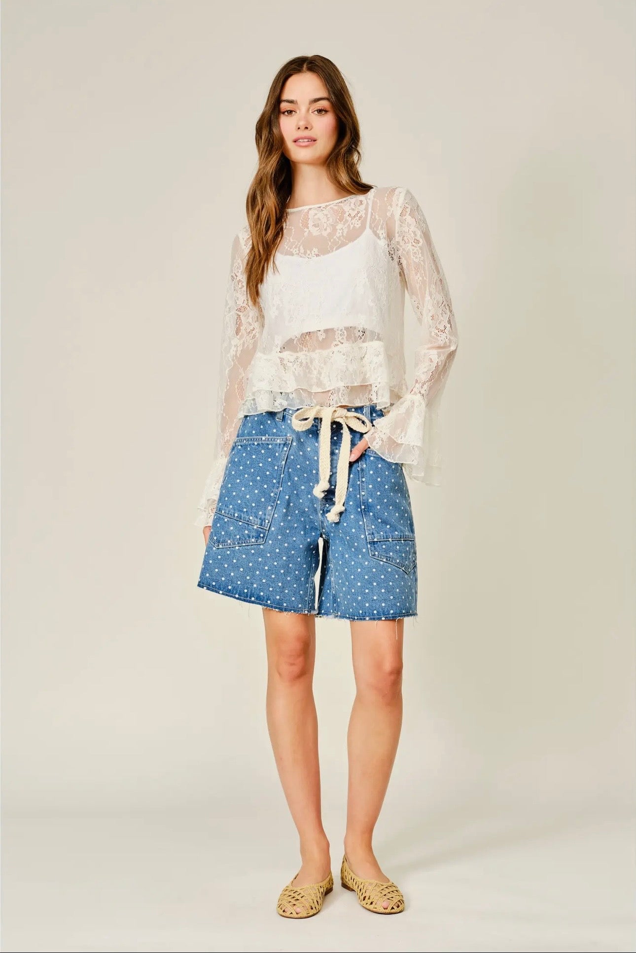 Polka Dot Denim Barrel Shorts