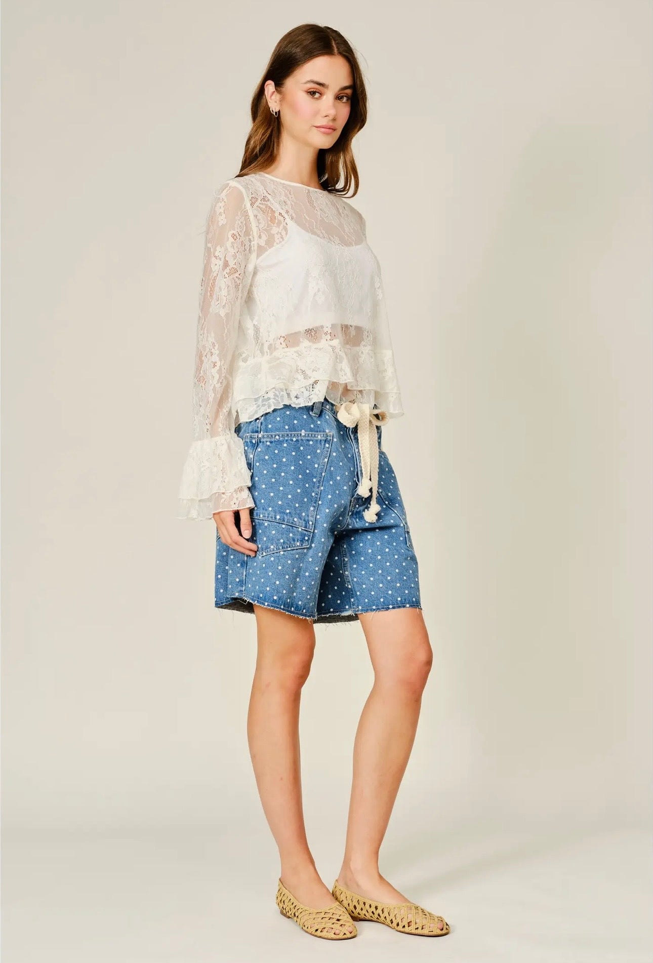 Polka Dot Denim Barrel Shorts