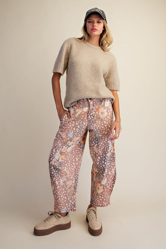 Bambi & Floral Print Washed Twill Barrel Pants