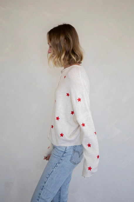 Piper Cardigan - Natural Color with Red Embroidered Stars